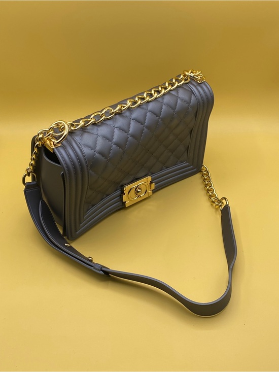 Handbags - Quilted Chain-Accent Shoulder Bag in Gray with Gold Hardware